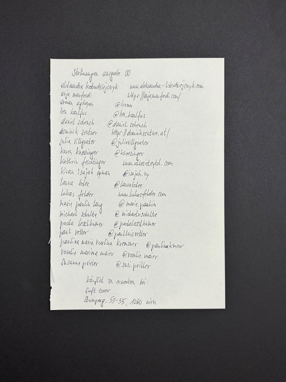 Handschriftliche Liste der Mitwirkenden von Strömungen, Ausgabe 00, mit Websites und Verkaufsstelle in Wien.